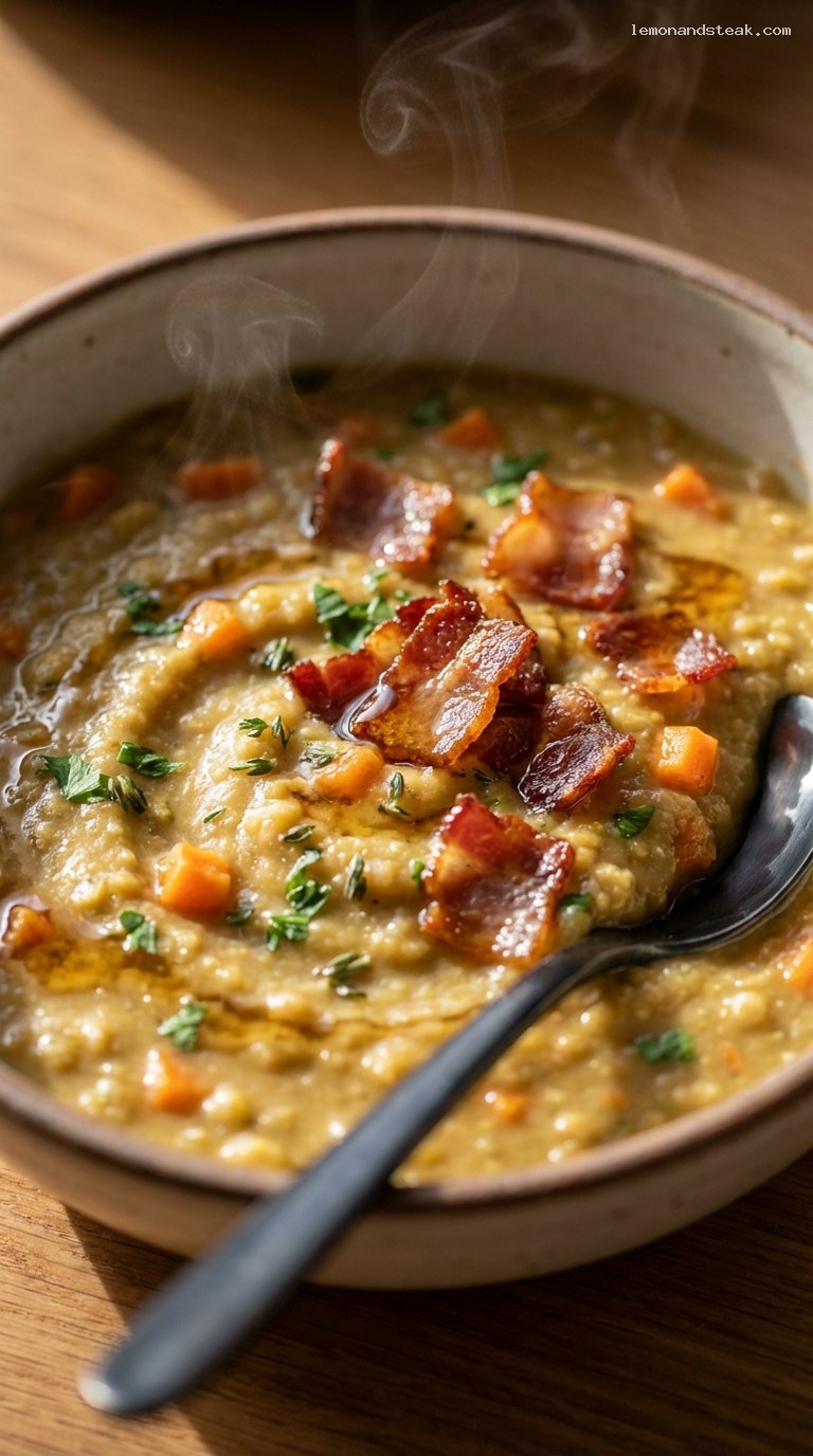 Smoky Maple Bacon Split Pea Soup – Closeup