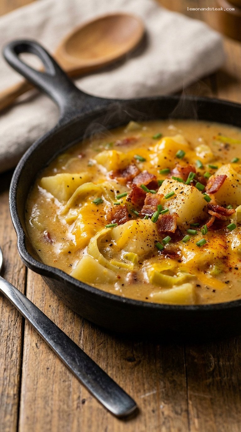Smoky Potato, Leek, and Cheddar Skillet Chowder – Closeup