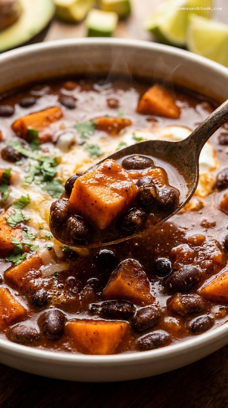 Smoky Sweet Potato and Black Bean Chili – Closeup