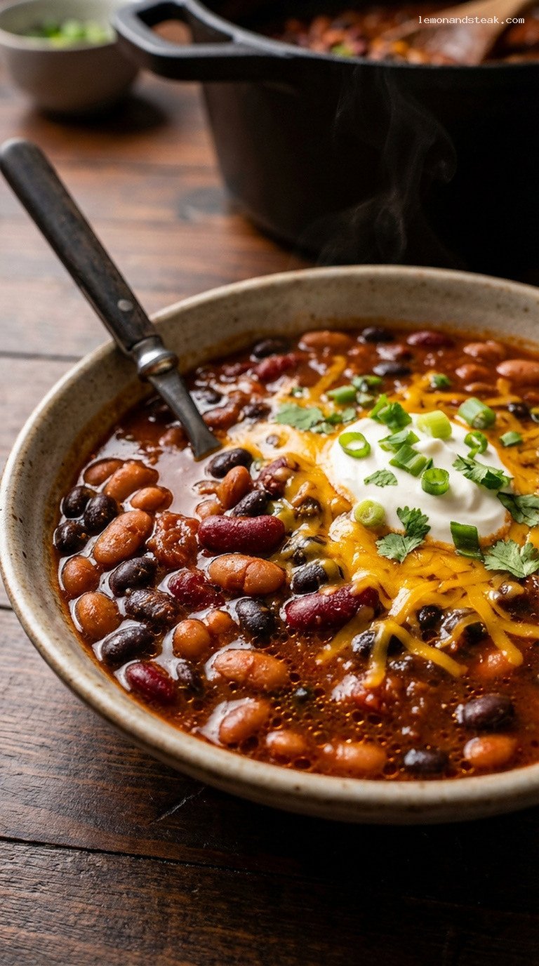 Smoky Three-Bean Chipotle Chili for Cold Nights – Closeup