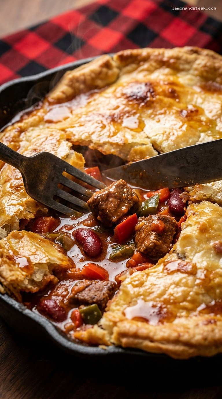 Smoky Venison Chili Pot Pie With Flaky Crust – Closeup
