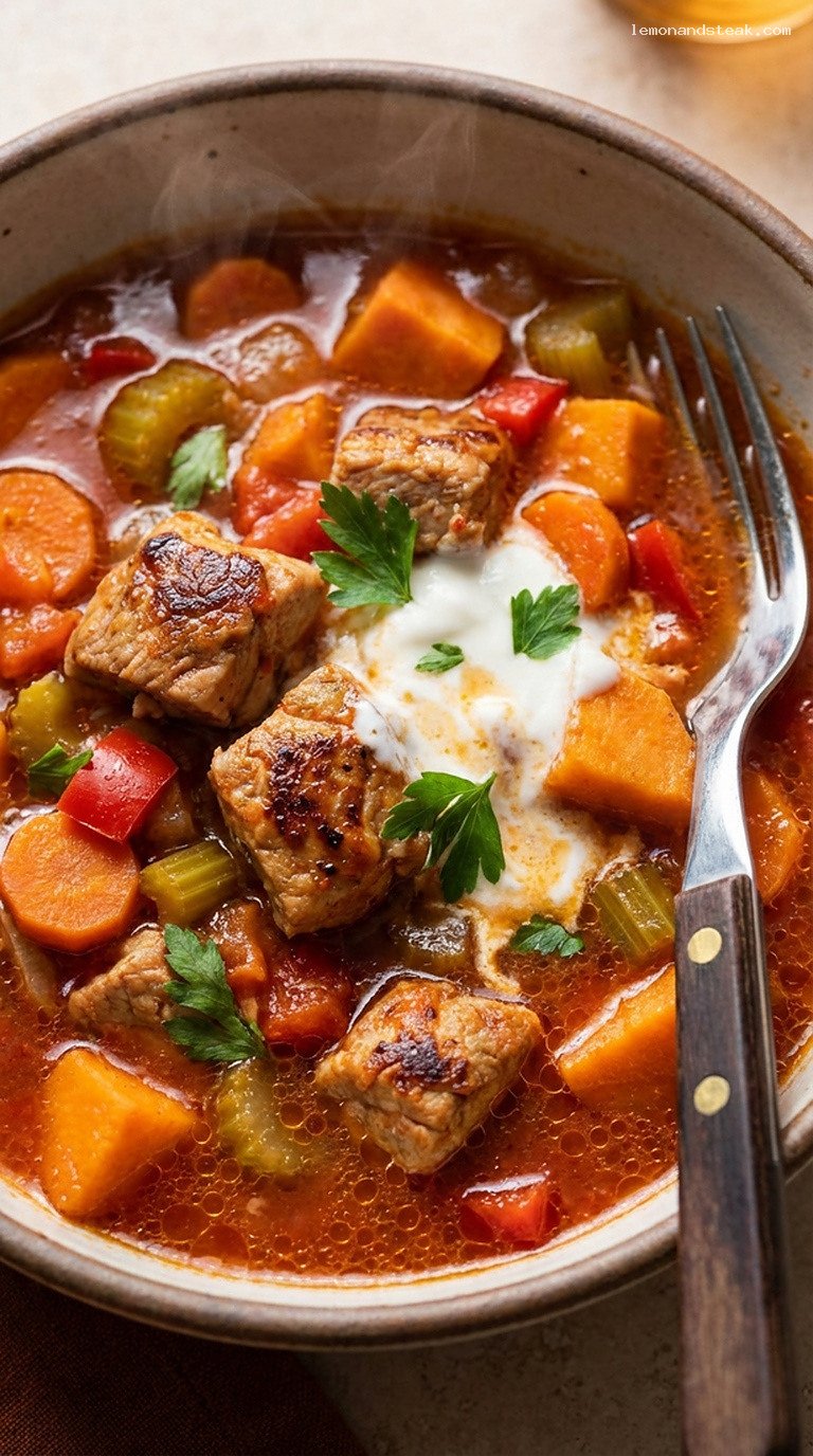 Turkey and Sweet Potato Stew in Spiced Tomato Broth – Closeup