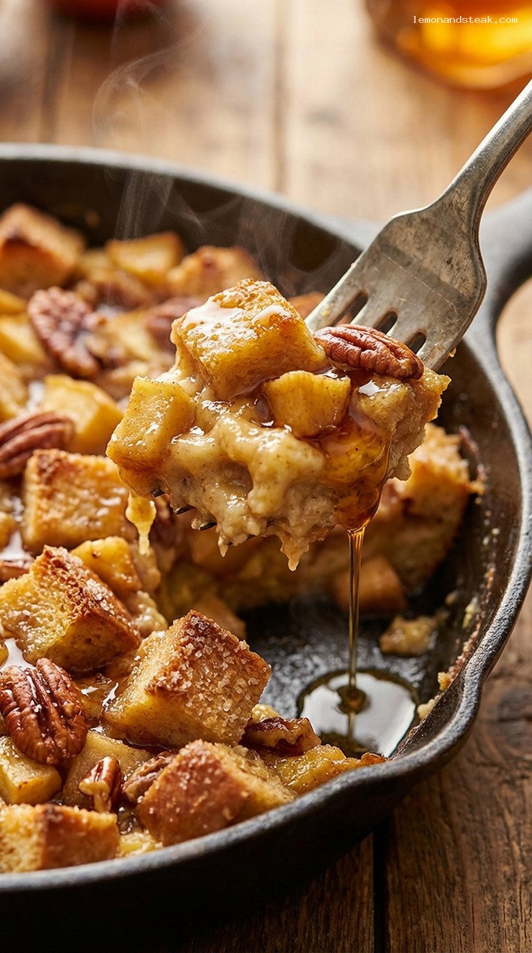 Warm Apple Pecan Skillet Breakfast Bread Pudding – Closeup