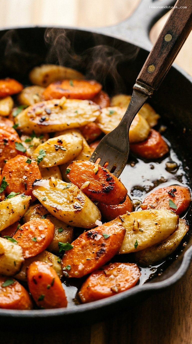 Warming Ginger-Maple Glazed Carrot and Parsnip Skillet – Closeup