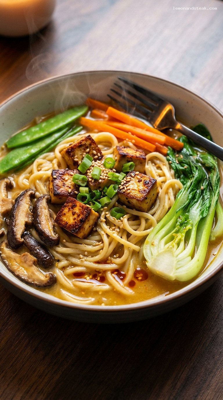 Warming Ginger Miso Noodle Bowl with Vegetables – Closeup