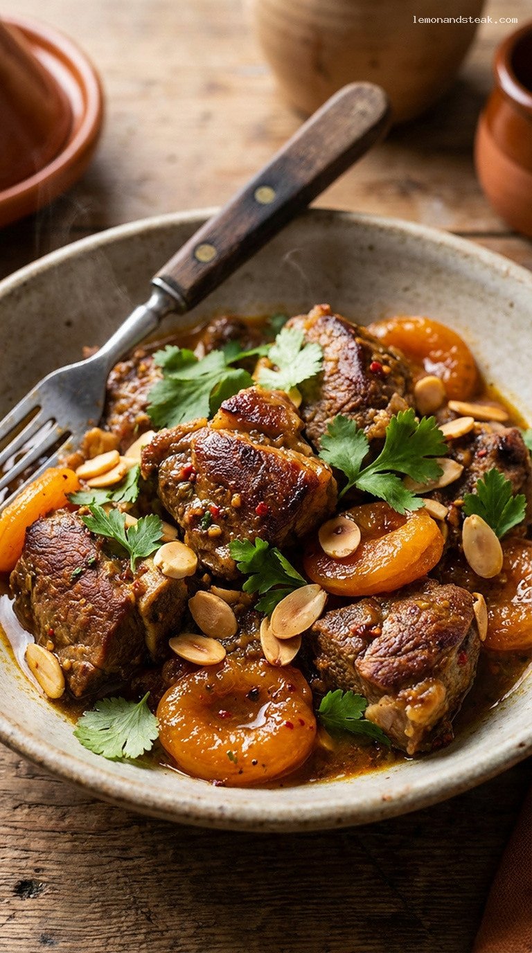 Warming Moroccan Lamb Tagine with Apricots and Almonds – Closeup