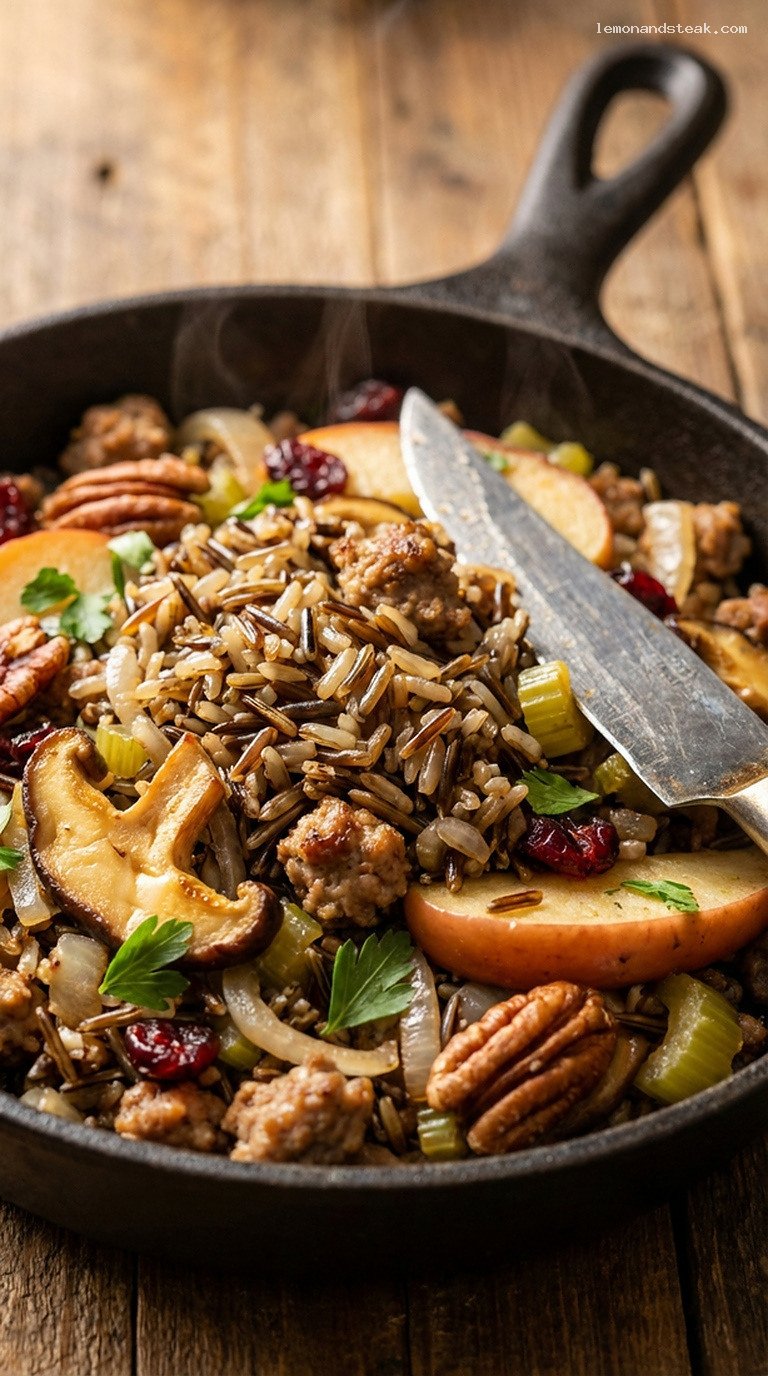 Wild Rice, Apple, and Sausage Harvest Skillet – Closeup