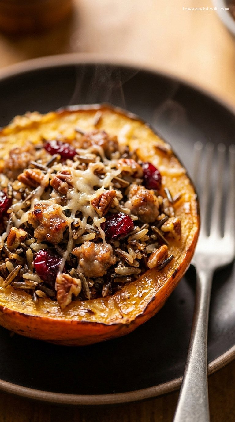 Wild Rice Sausage and Cranberry Stuffed Acorn Squash – Closeup