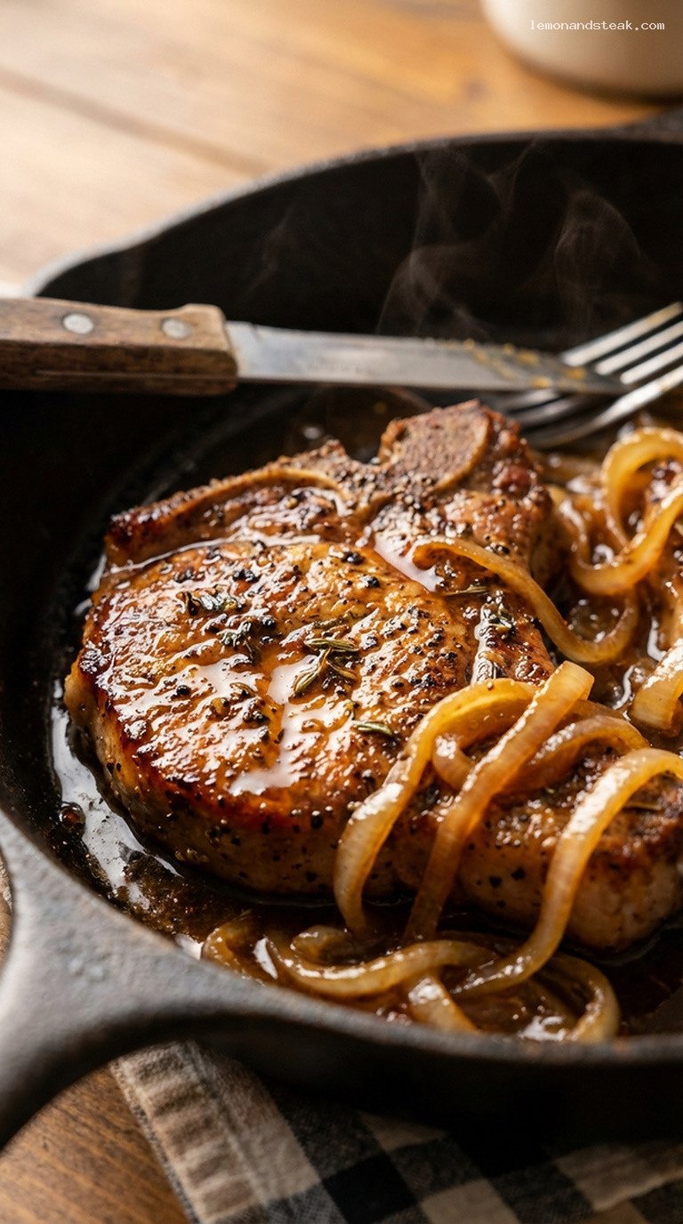 Woodsman Pork Skillet With Caramelized Onions and Cider – Closeup
