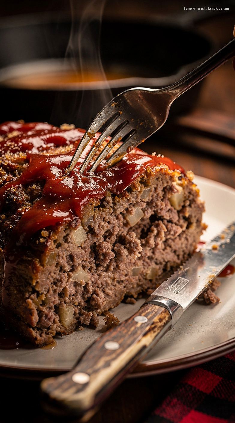 All-Beef Comfort Meatloaf With Sticky Ketchup Vinegar Glaze – Closeup