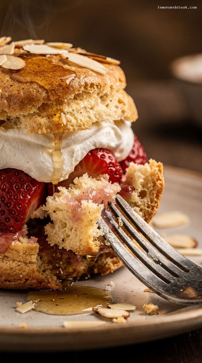 Almond Shortcake with Strawberries, Whipped Cream, and Toasted Almonds – Closeup