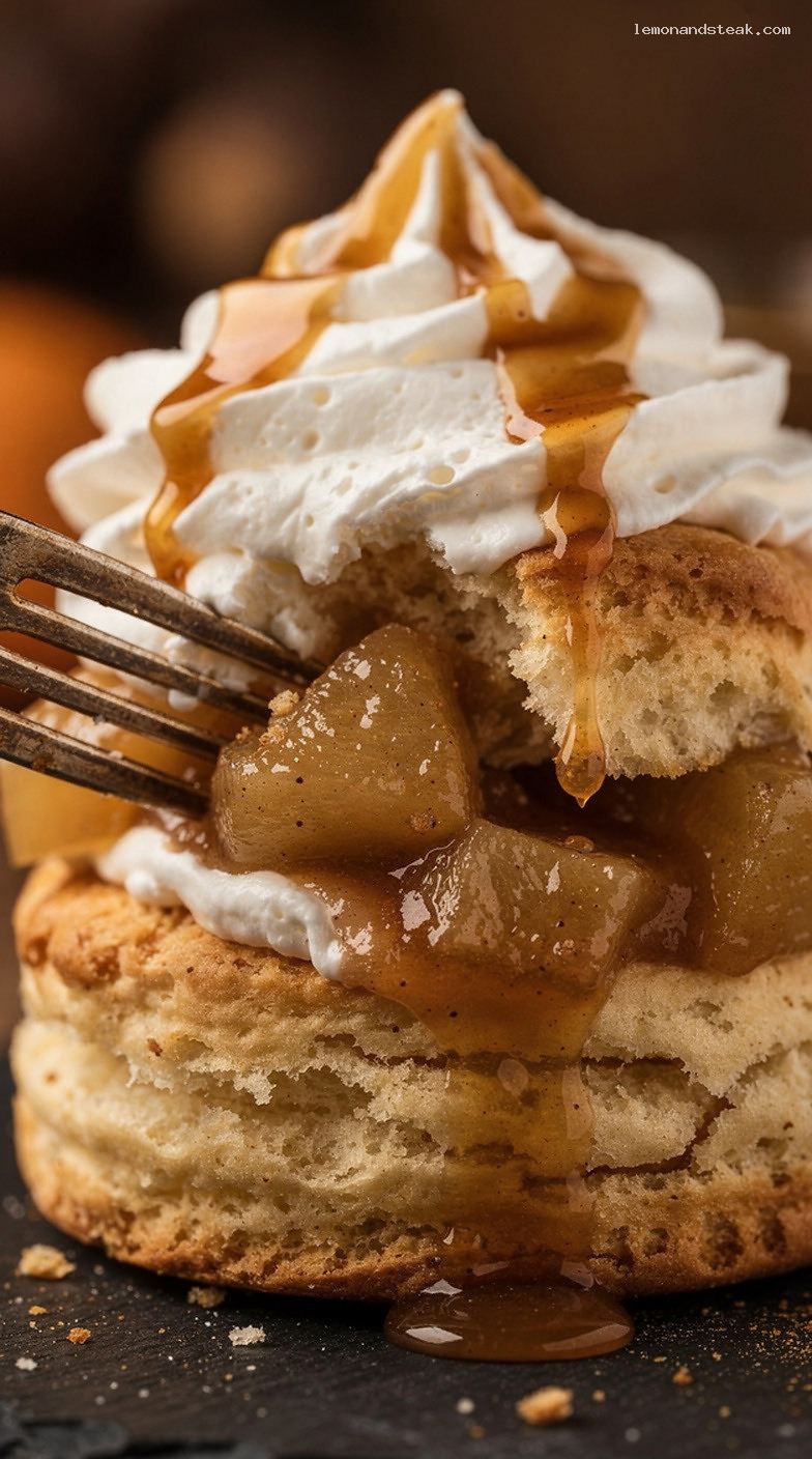 Apple Cinnamon Shortcake with Caramel and Whipped Cream – Closeup