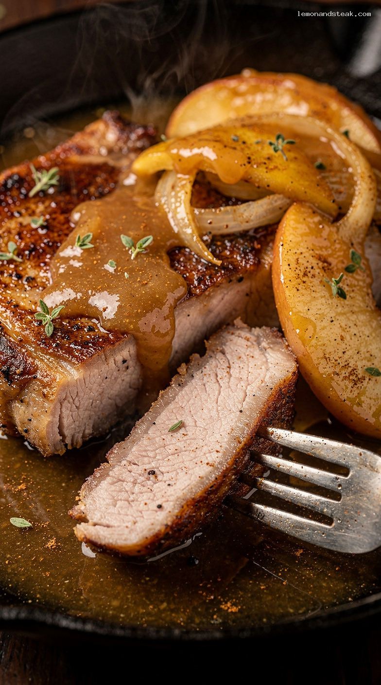 Apple-Glazed Pork Chops With Cinnamon Apples and Brown Sugar – Closeup