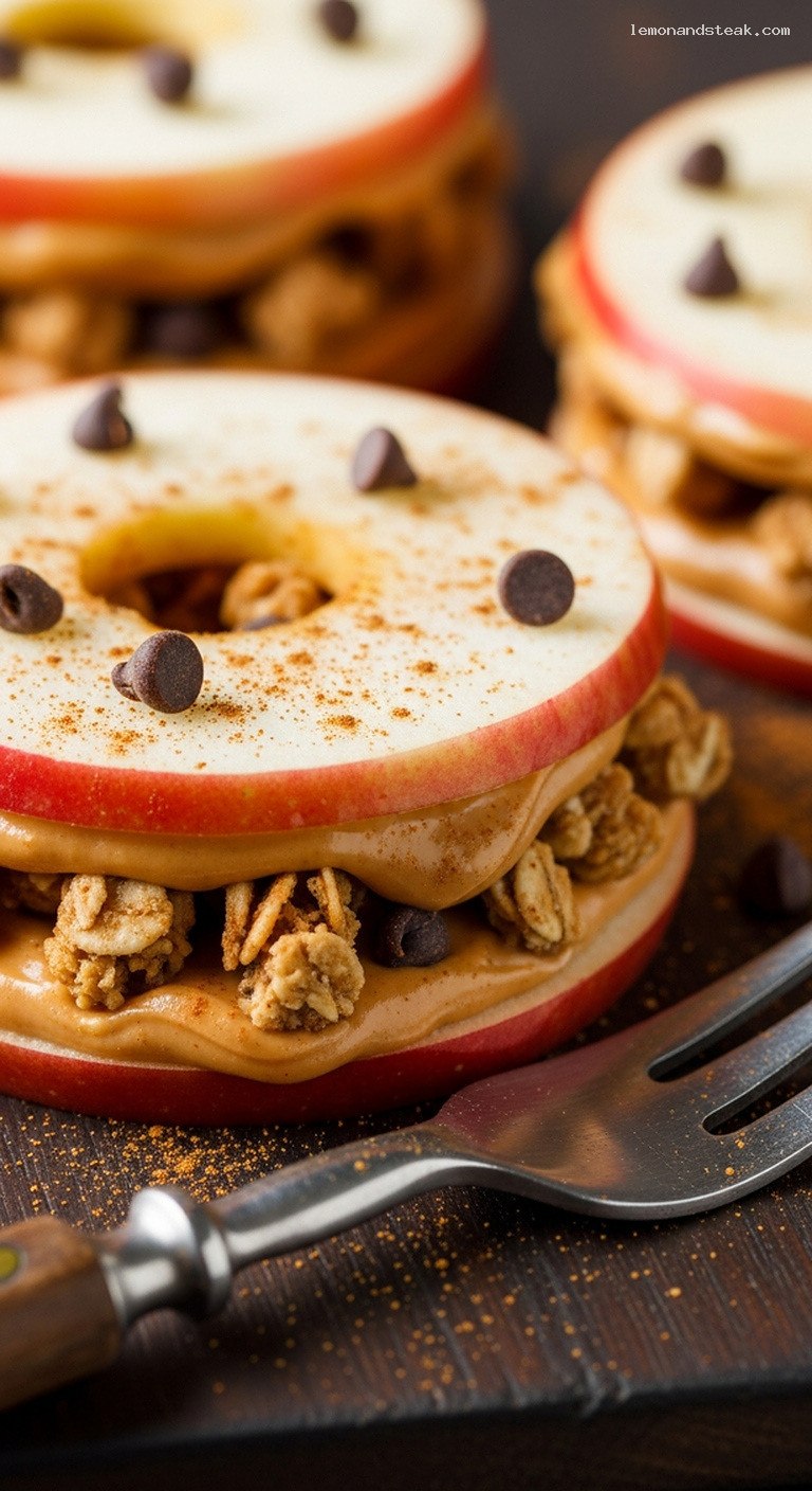 Apple Peanut Butter Granola Sandwich Bites – Closeup