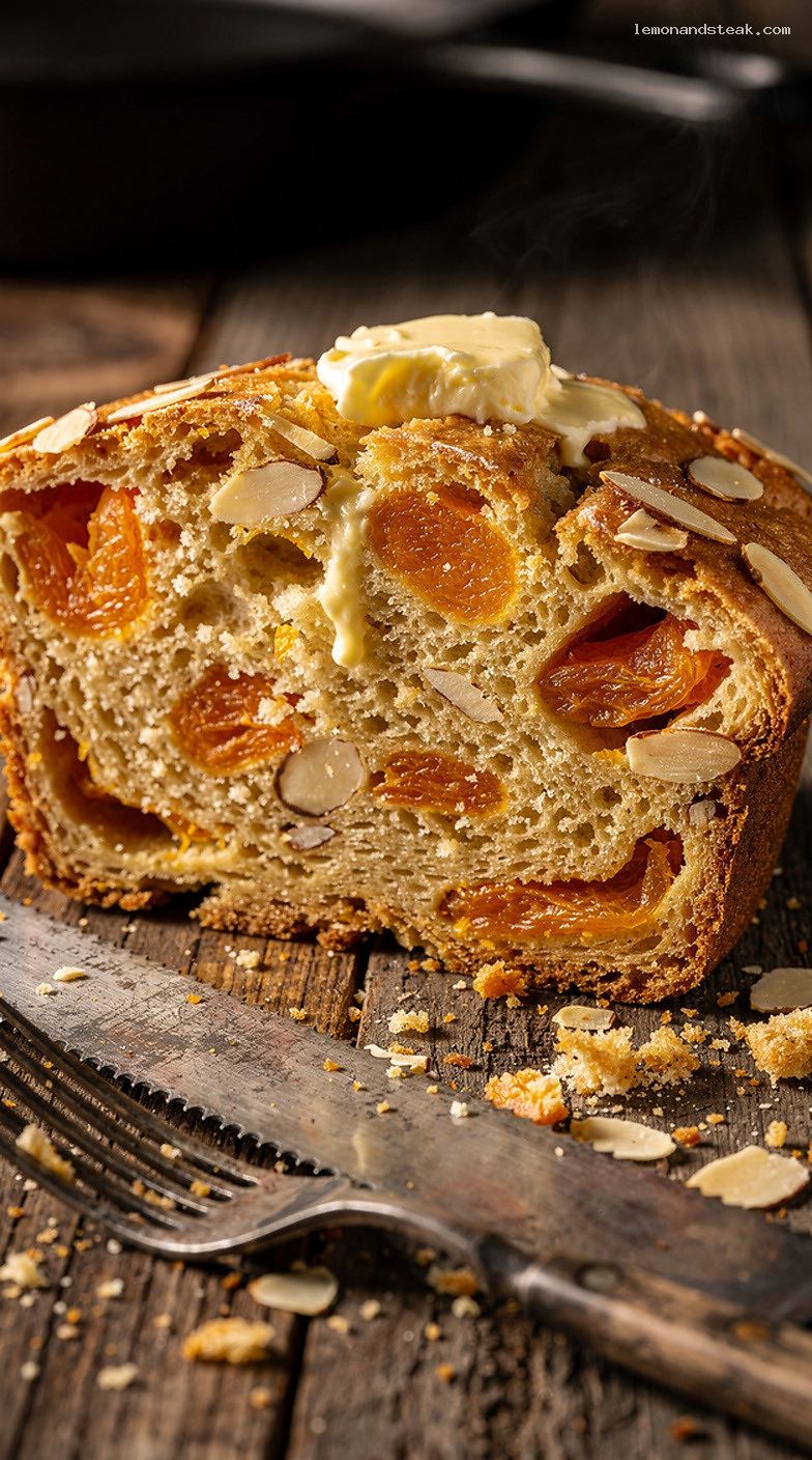 Apricot Almond Bread with Dried Apricots and Toasted Almonds – Closeup