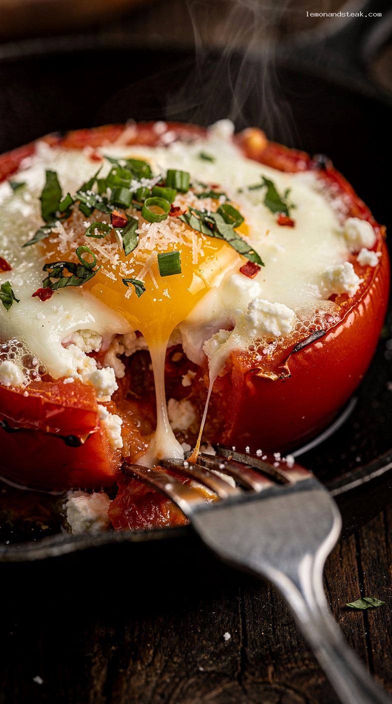 Baked Egg-Stuffed Tomatoes With Herbs and Cheese – Closeup