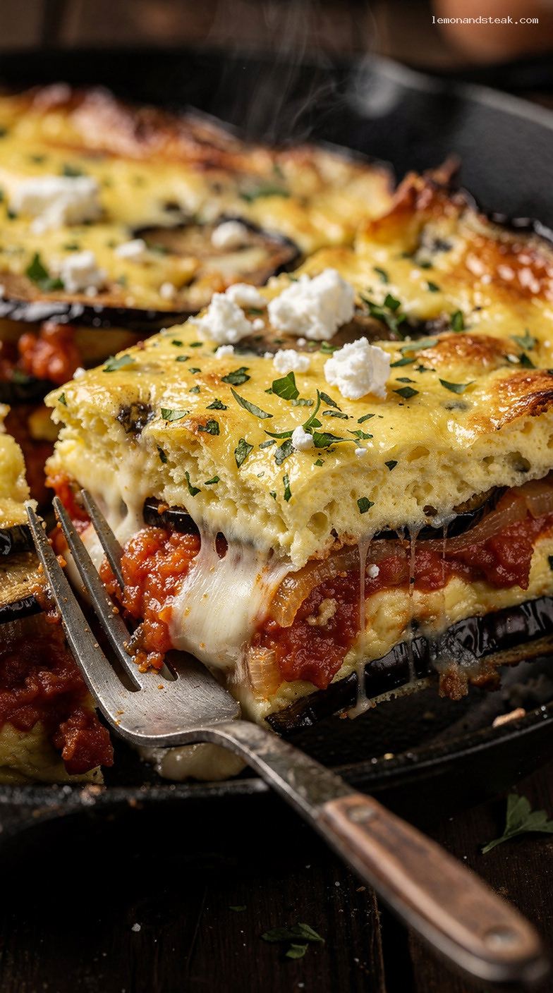 Baked Eggplant and Egg Casserole with Cheese and Herbs – Closeup
