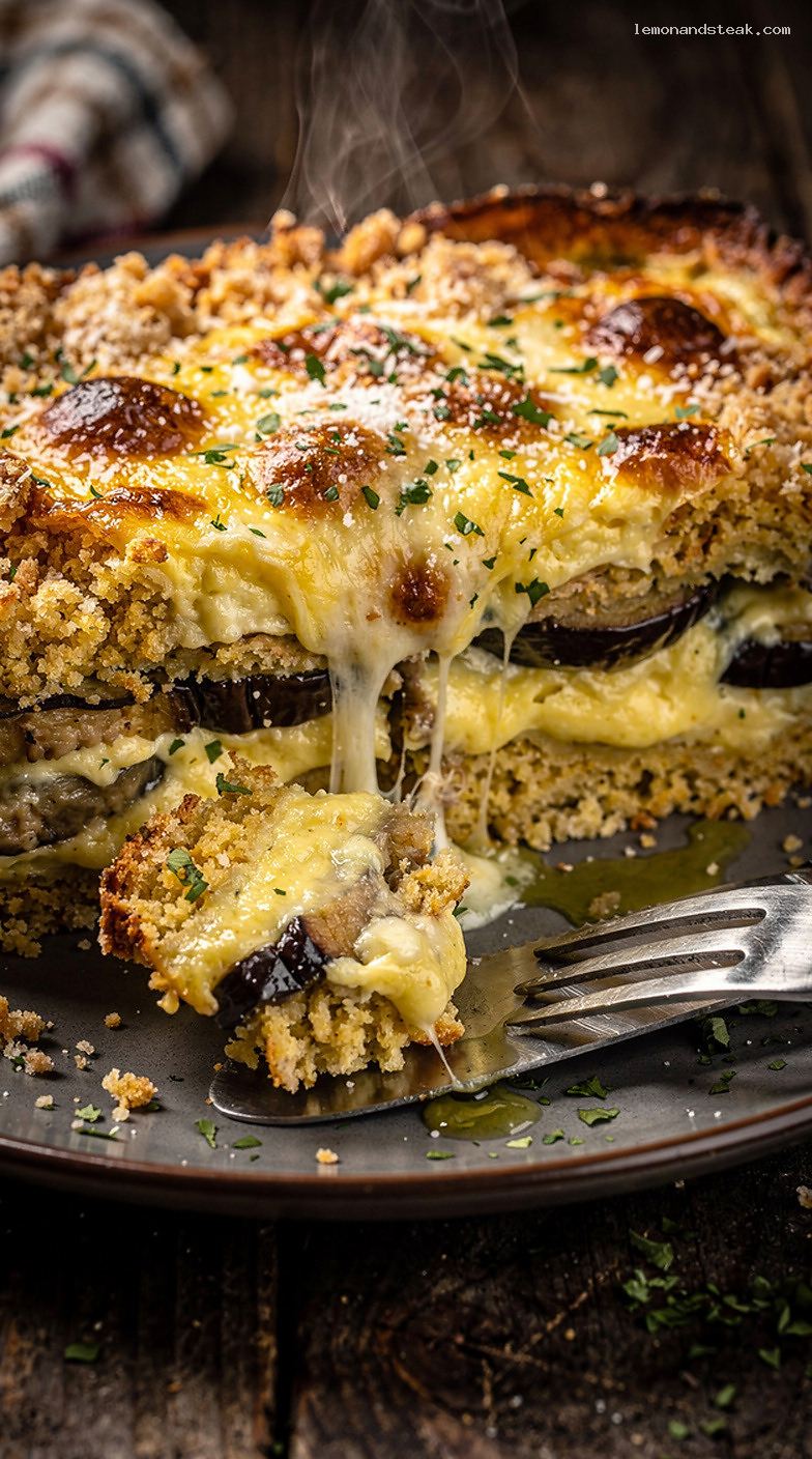 Baked Eggplant and Egg Casserole with Herbs and Cheese – Closeup