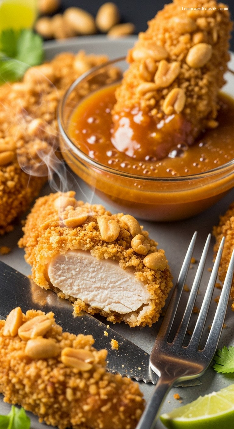 Baked Peanut-Crusted Chicken Tenders With Honey-Peanut Sauce – Closeup