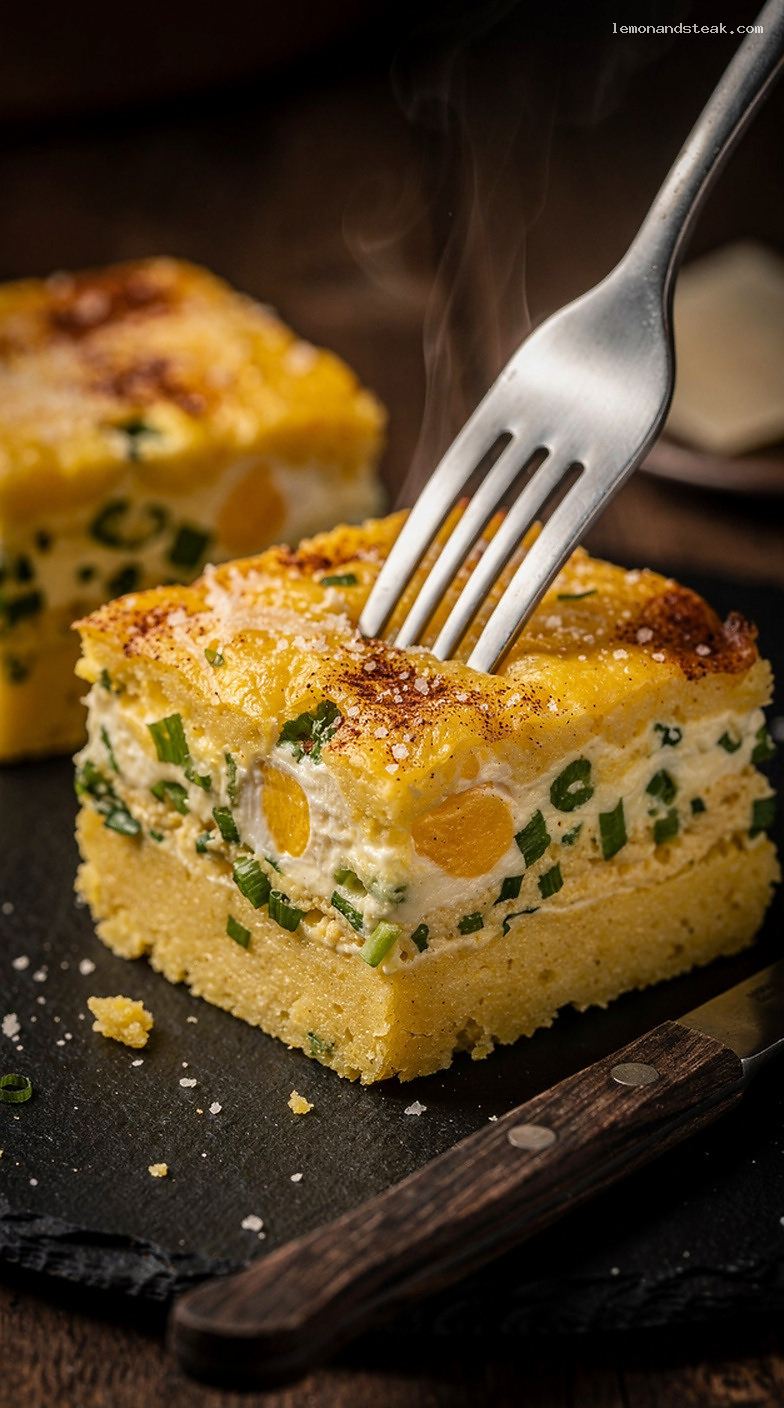 Baked Polenta and Egg Squares with Cheese – Closeup