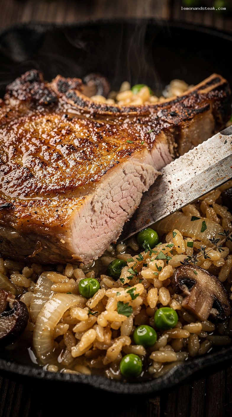 Baked Pork Chops and Rice in Savory Broth One-Pan Meal – Closeup