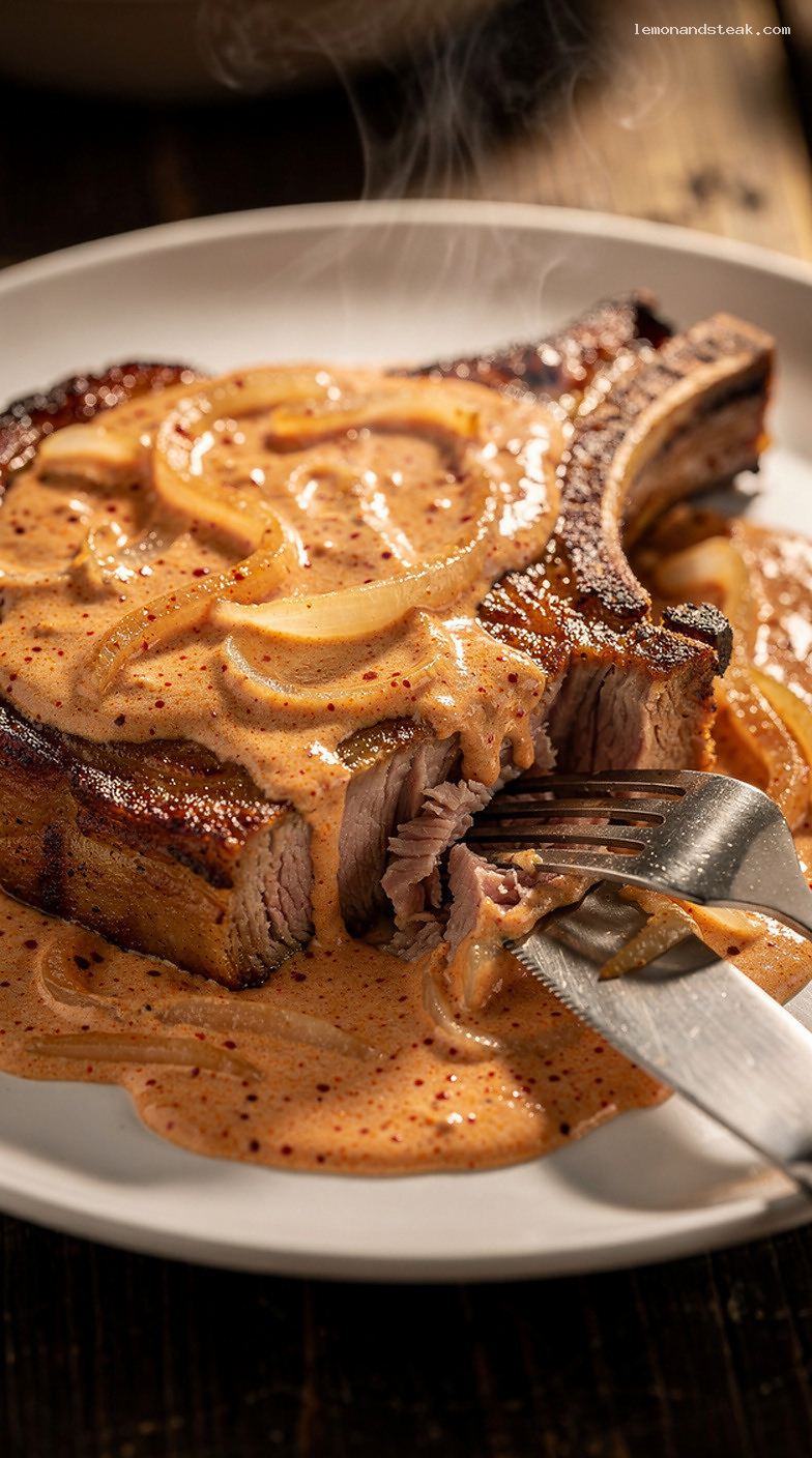 Baked Pork Chops in Creamy Sour Cream Paprika Sauce – Closeup