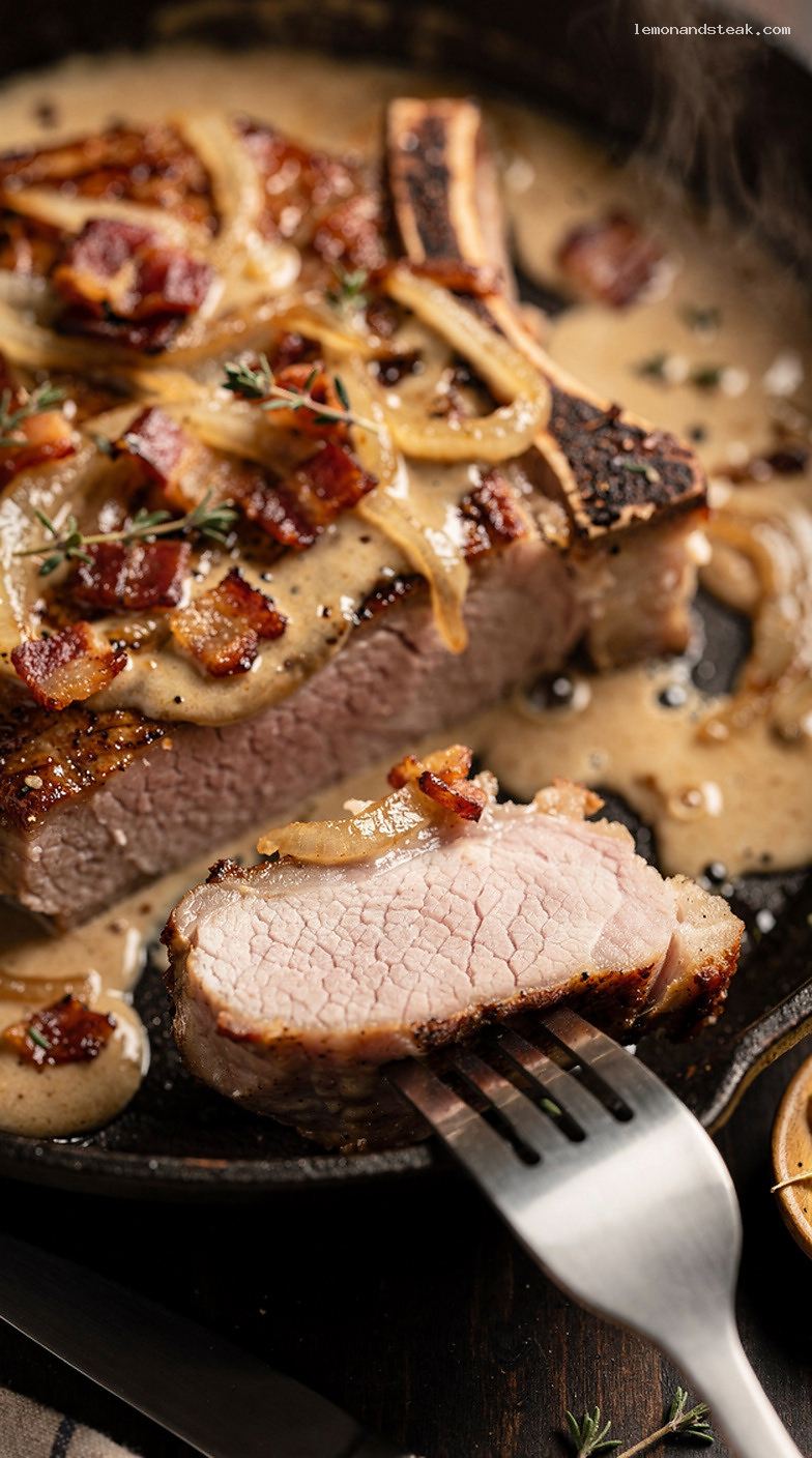 Baked Pork Chops with Creamy Bacon Onion Sauce – Closeup