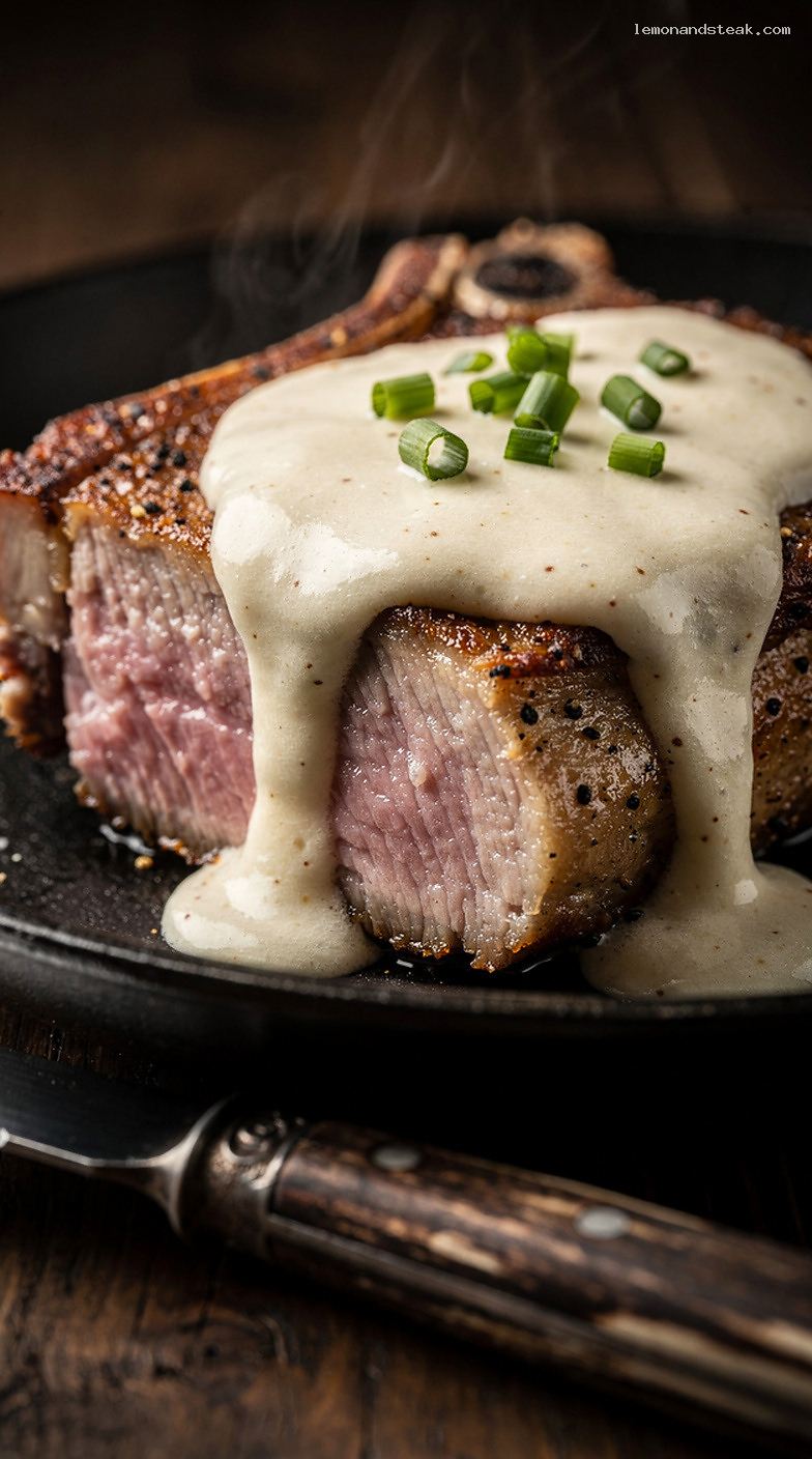 Baked Pork Chops with Creamy Mild Horseradish Sauce – Closeup
