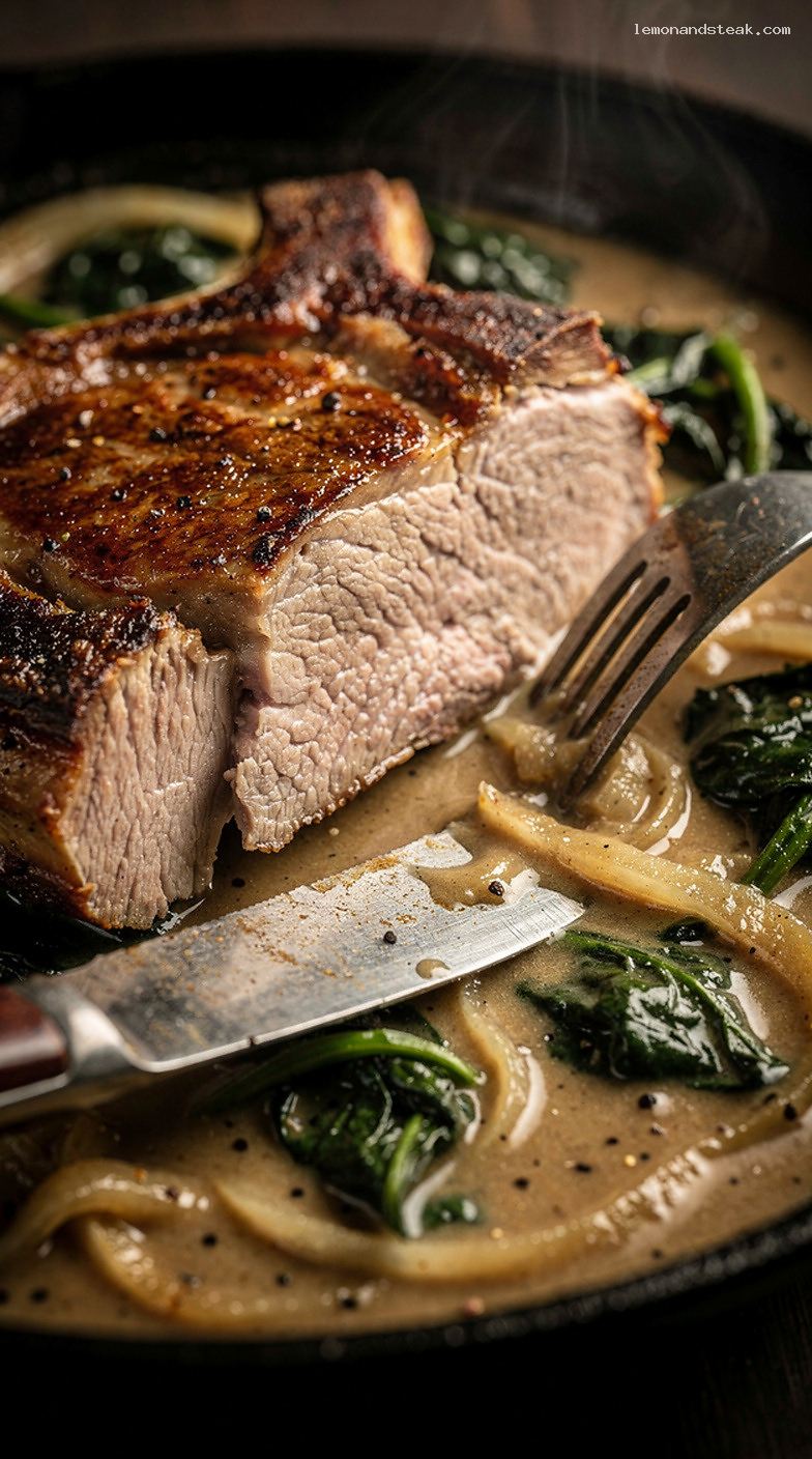 Baked Pork Chops with Creamy Spinach and Onion Gravy – Closeup