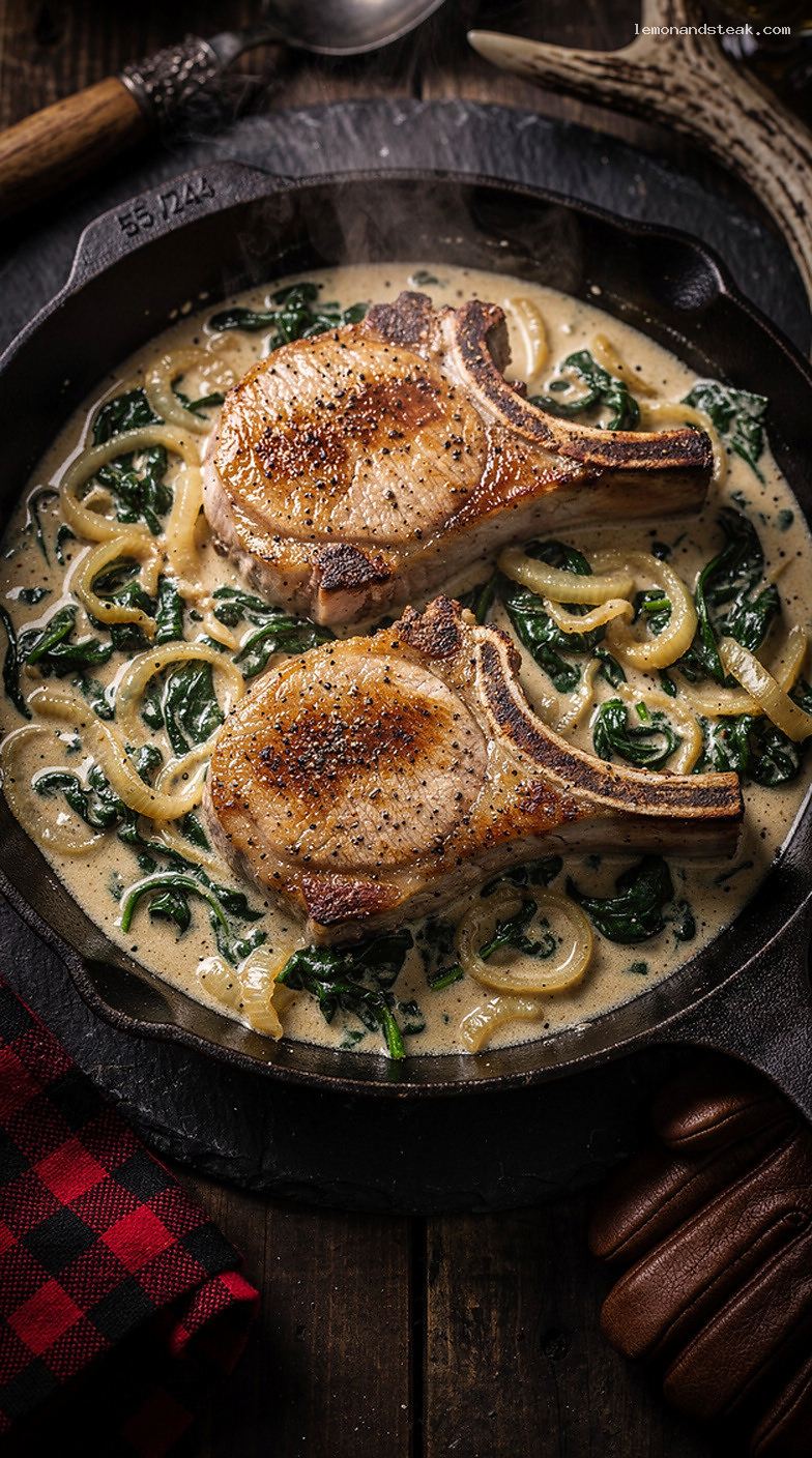 Baked Pork Chops with Creamy Spinach and Onion Gravy