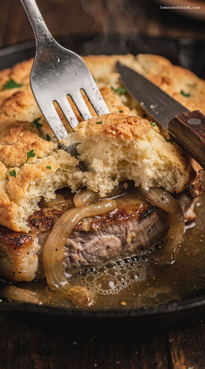 Baked Pork Chops with Savory Biscuit Topping – Closeup