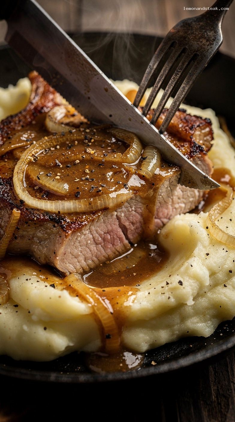 Baked Pork Chops With Savory Onion Gravy – Closeup