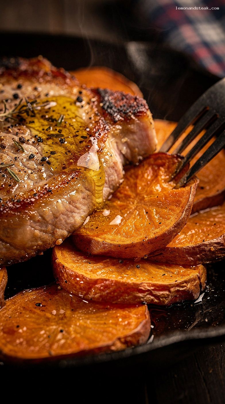 Baked Pork Chops with Sweet Potatoes and Butter – Closeup