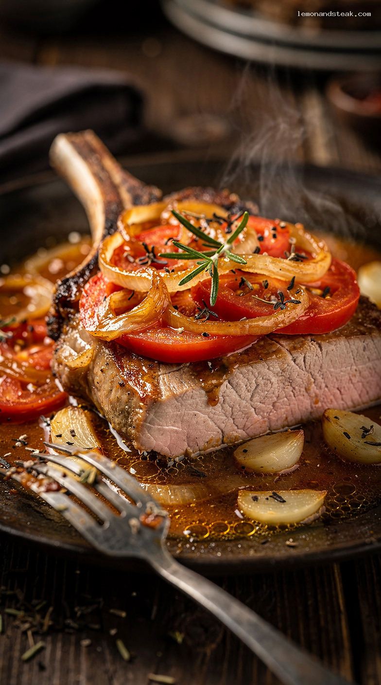 Baked Pork Chops with Tomatoes, Onions, and Herbs – Closeup