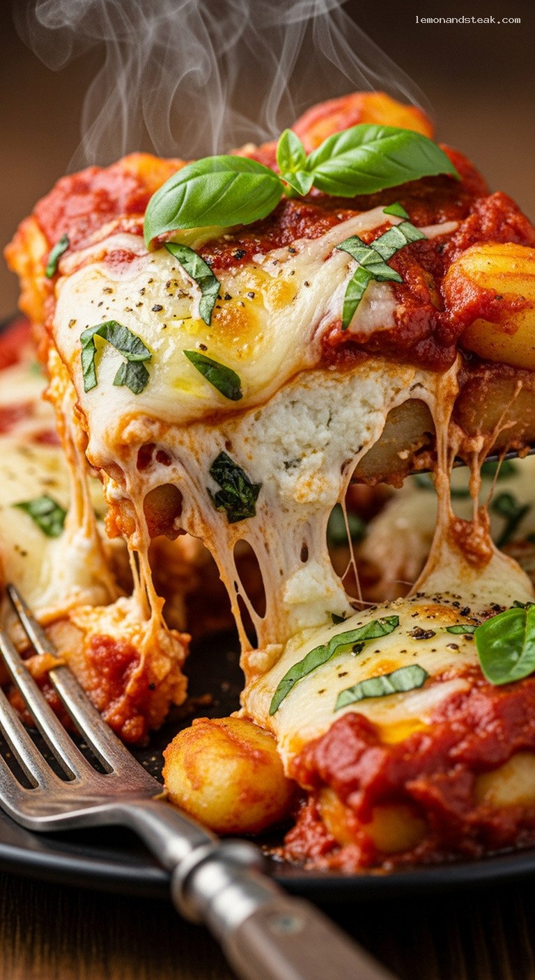 Baked Potato Ricotta Gnocchi with Mozzarella and Basil – Closeup