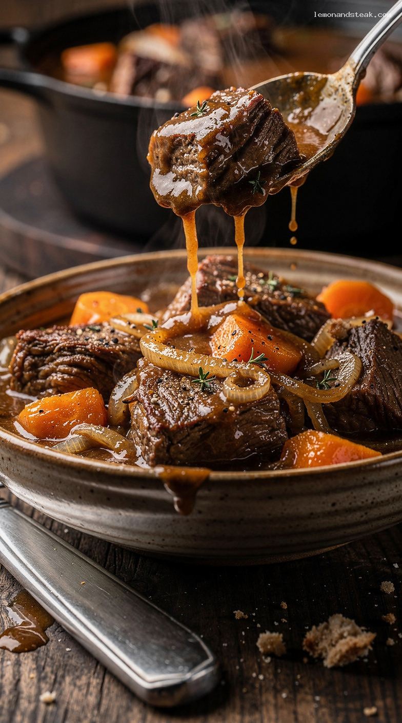 Beef and Ale Stew With Carrots, Onions, and Herbs – Closeup