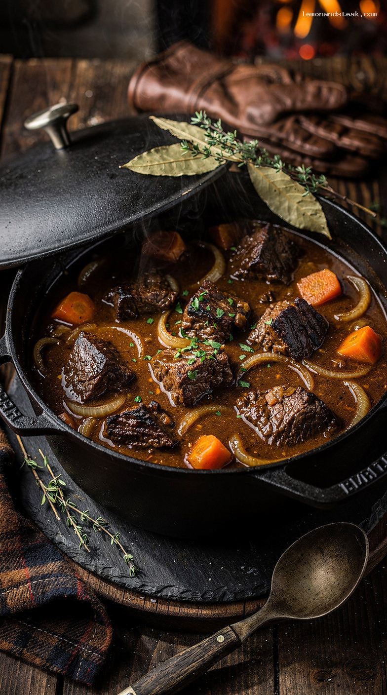 Beef and Ale Stew With Carrots, Onions, and Herbs