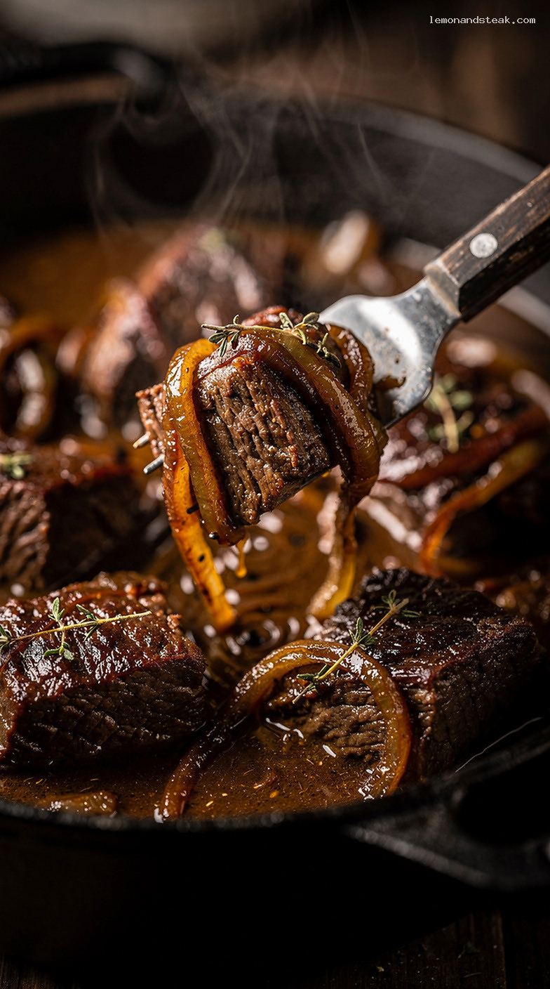 Beef and Caramelized Onion Stew With Garlic and Herbs – Closeup