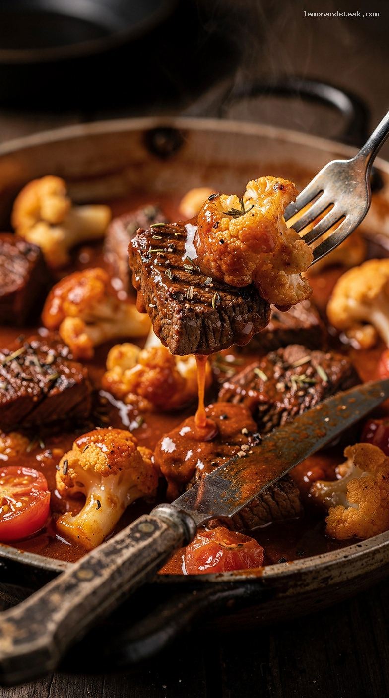 Beef and Cauliflower Stew with Tomatoes, Garlic, and Herbs – Closeup