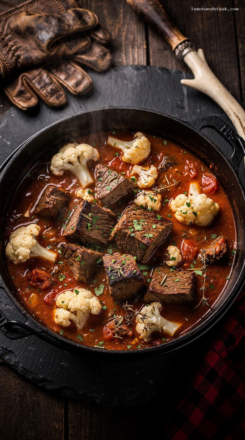 Beef and Cauliflower Stew with Tomatoes, Garlic, and Herbs