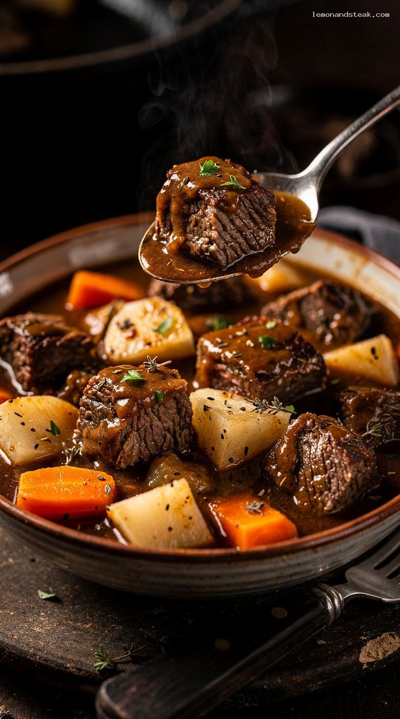 Beef and Celery Root Stew with Carrots and Herbs – Closeup