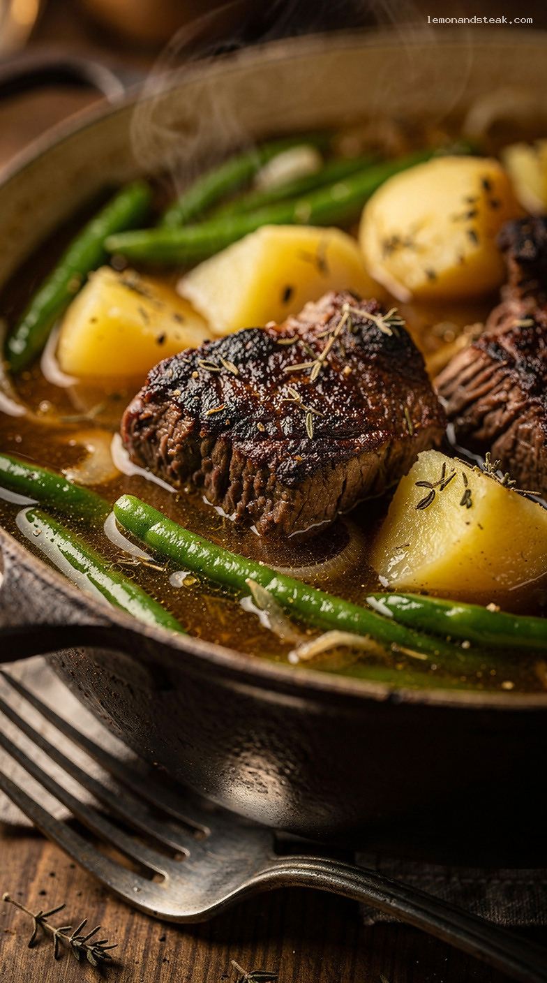 Beef and Green Bean Stew with Potatoes and Herbs – Closeup