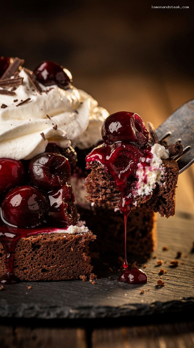 Black Forest Shortcake With Chocolate Biscuits, Cherries, and Cream – Closeup