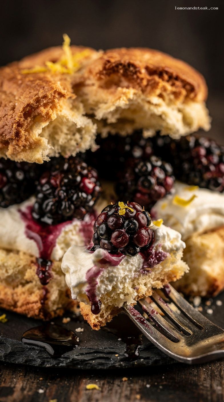Blackberry Honey Shortcake with Buttery Biscuits and Whipped Cream – Closeup