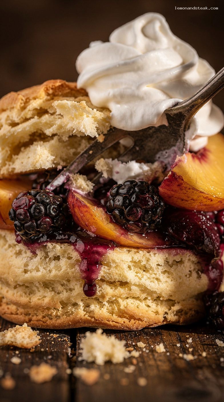 Blackberry Peach Shortcake With Vanilla Whipped Cream – Closeup