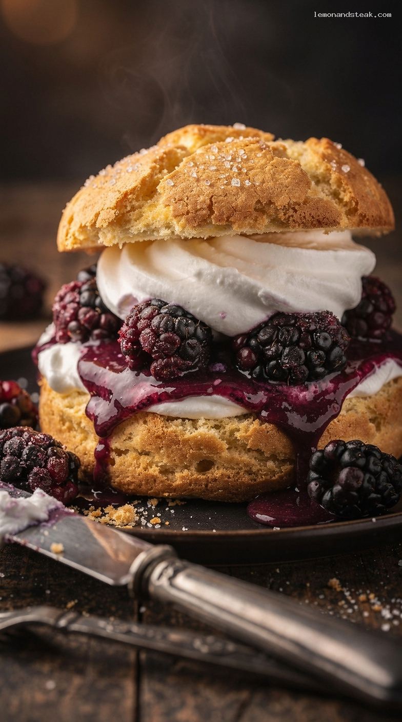 Blackberry Vanilla Shortcake With Flaky Biscuits and Whipped Cream – Closeup