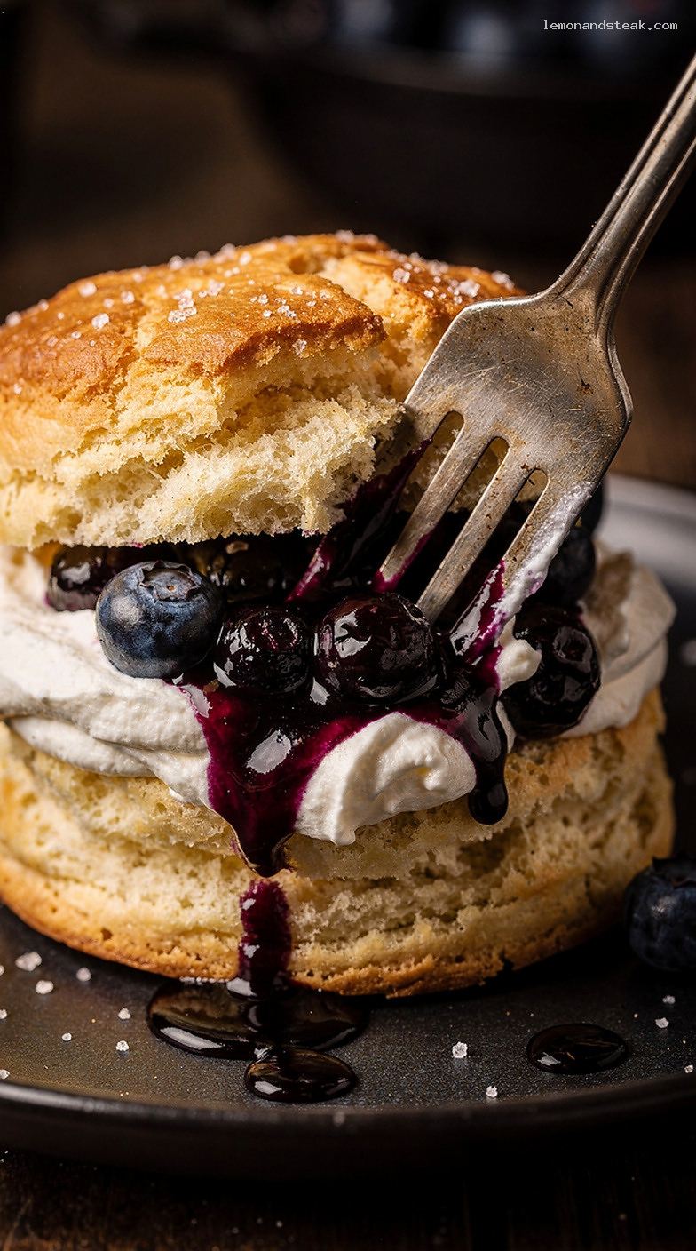 Blueberry Buttermilk Shortcake With Biscuits and Whipped Cream – Closeup