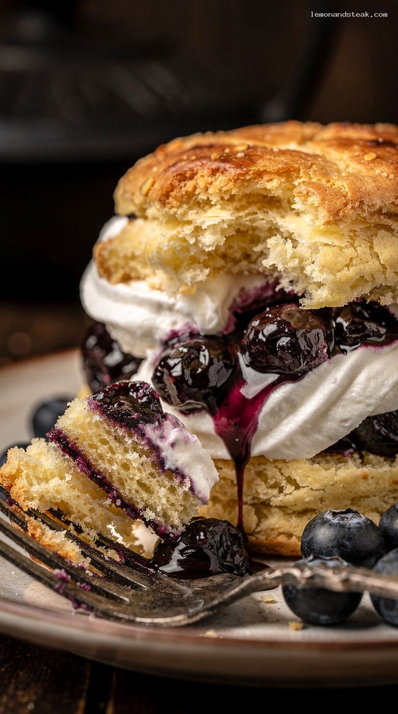 Blueberry Corn Biscuit Shortcakes With Whipped Cream – Closeup