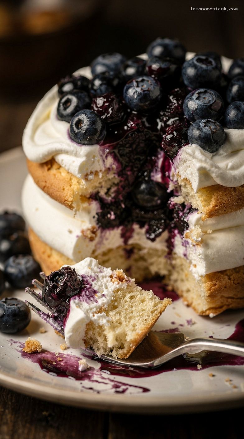 Blueberry Cream Shortcake with Biscuits, Crushed Berries, and Whipped Cream – Closeup