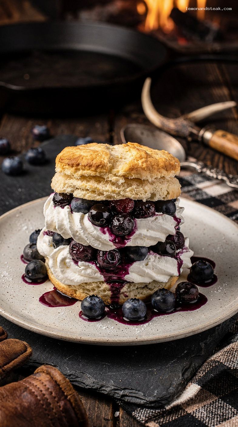 Blueberry Cream Shortcake with Biscuits, Crushed Berries, and Whipped Cream